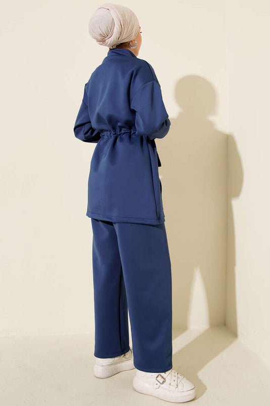 طقم غوص أزرق داكن من قطعتين بخصر نفق وسحاب