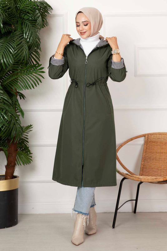 Tunnel Waist Zippered Trench Coat Khaki