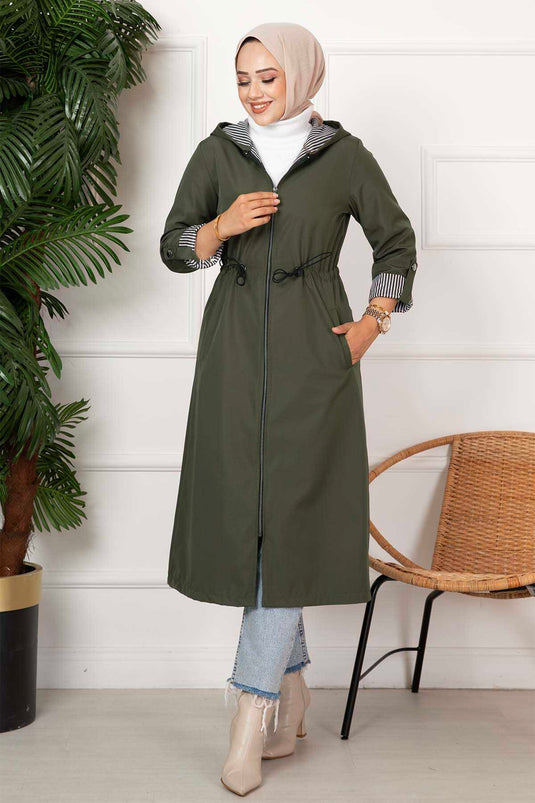 Trench-coat zippé à taille tunnel kaki