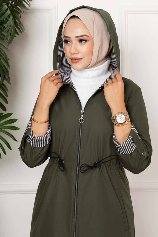 Tunnel Waist Zippered Trench Coat Khaki