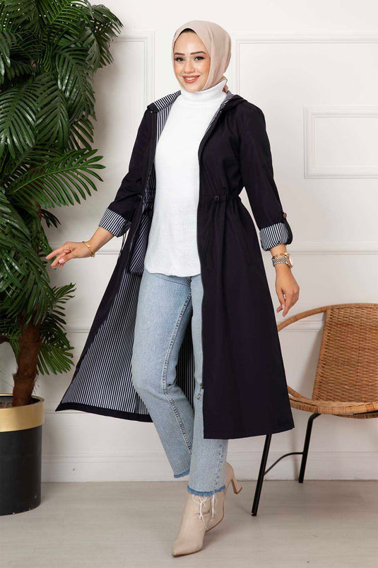Tunnel Waist Zippered Trench Coat Navy Blue