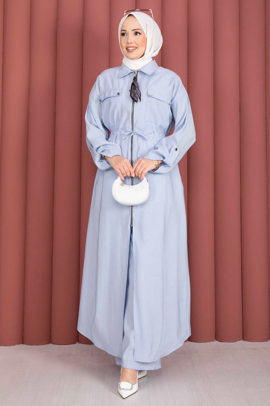 Beli Tünelli Fermuarlı Tunik Pantolon Takım Bebe Mavisi