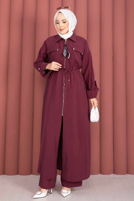Beli Tünelli Fermuarlı Tunik Pantolon Takım Bordo