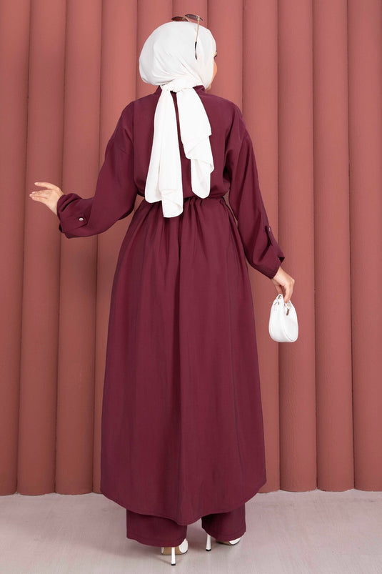 Beli Tünelli Fermuarlı Tunik Pantolon Takım Bordo
