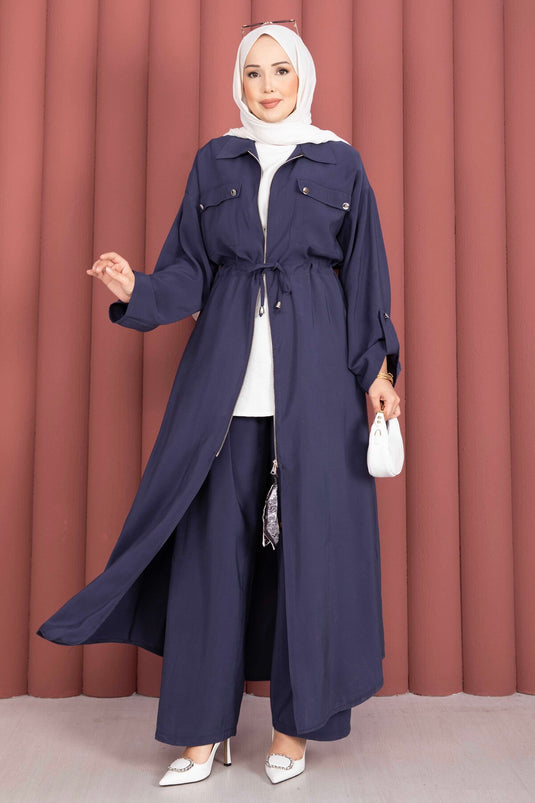 Beli Tünelli Fermuarlı Tunik Pantolon Takım Lacivert