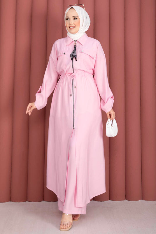 Beli Tünelli Fermuarlı Tunik Pantolon Takım Pembe