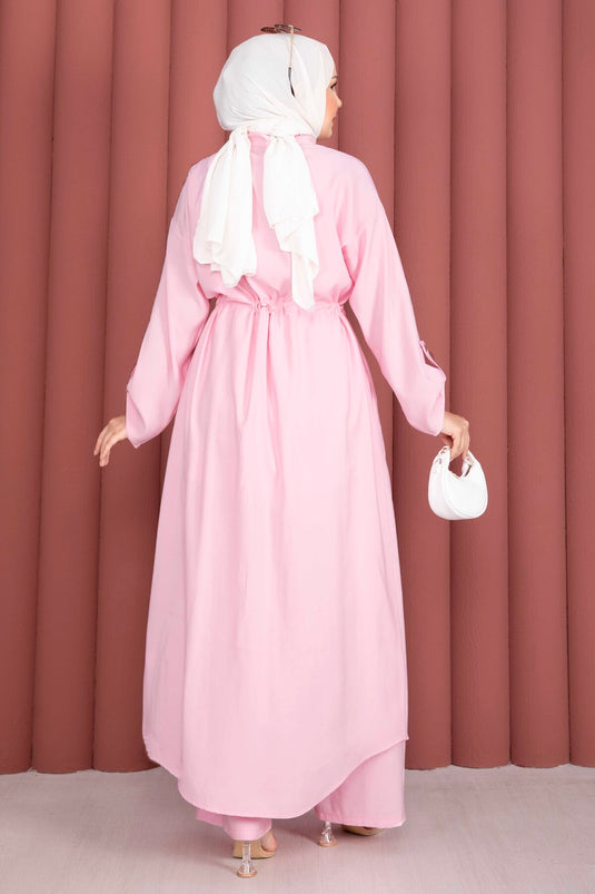 Beli Tünelli Fermuarlı Tunik Pantolon Takım Pembe