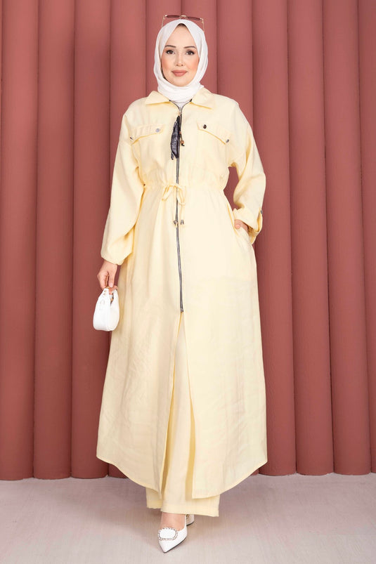 Beli Tünelli Fermuarlı Tunik Pantolon Takım Sarı