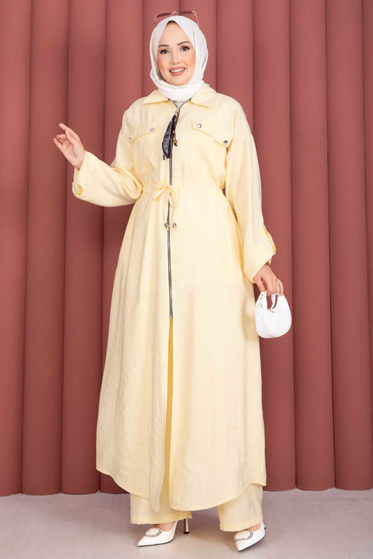Beli Tünelli Fermuarlı Tunik Pantolon Takım Sarı