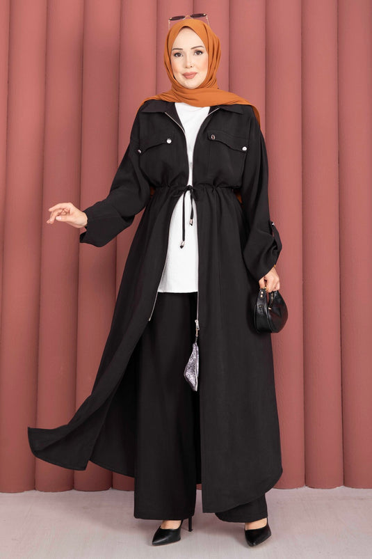 Beli Tünelli Fermuarlı Tunik Pantolon Takım Siyah