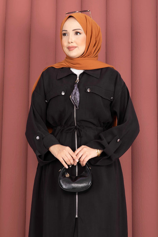 Beli Tünelli Fermuarlı Tunik Pantolon Takım Siyah
