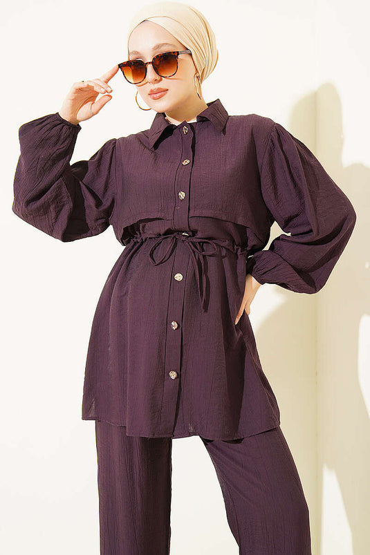 Belted Shirt Collar Two-Piece Set In Warm Brown