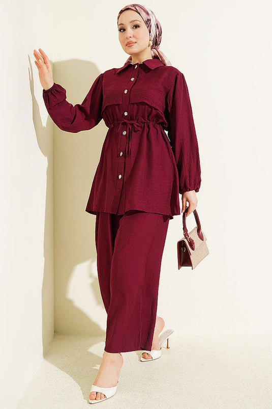 Acheter ensemble double col chemise à maille bordeaux