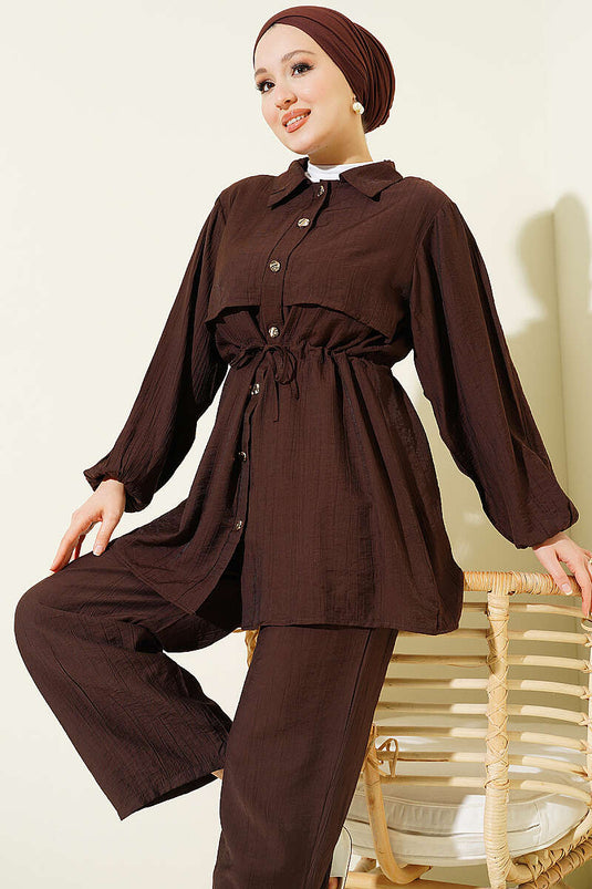 Ensemble double avec chemise à col tunique, couleur café