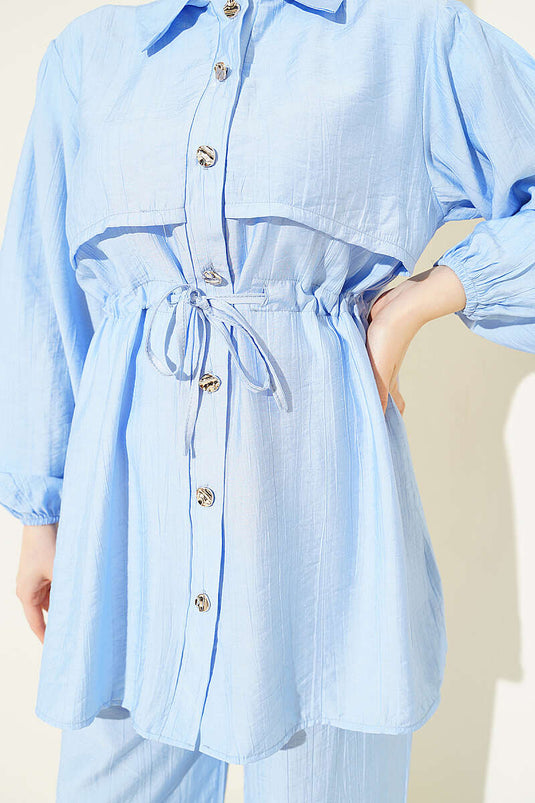 Acheter ensemble double col chemise à maille bleu