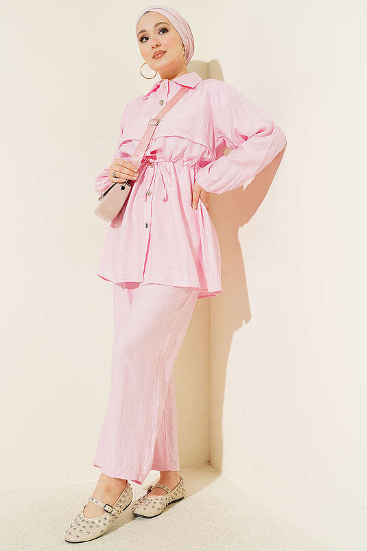 Acheter ensemble double col chemise à maille rose
