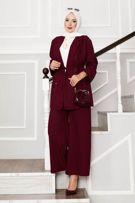 Ensemble veste à manches pliables et taille tunnel rouge bordeaux