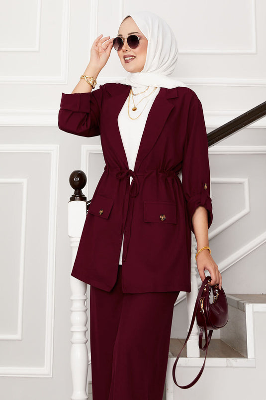 Ensemble veste à manches pliables et taille tunnel rouge bordeaux