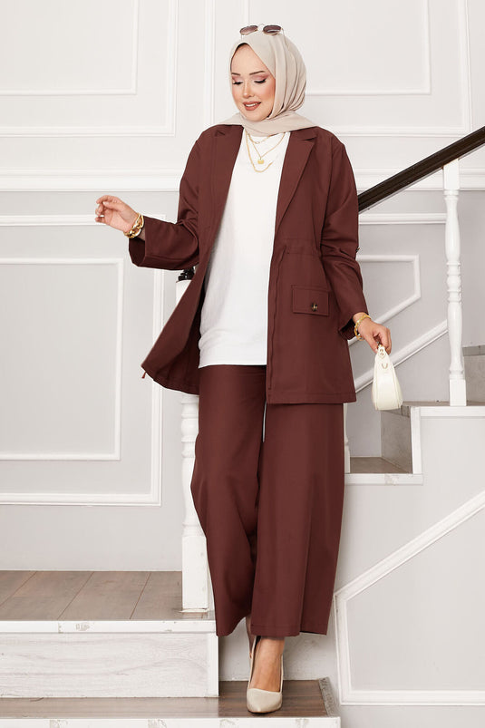 Ensemble veste à manches pliables et taille tunnel marron