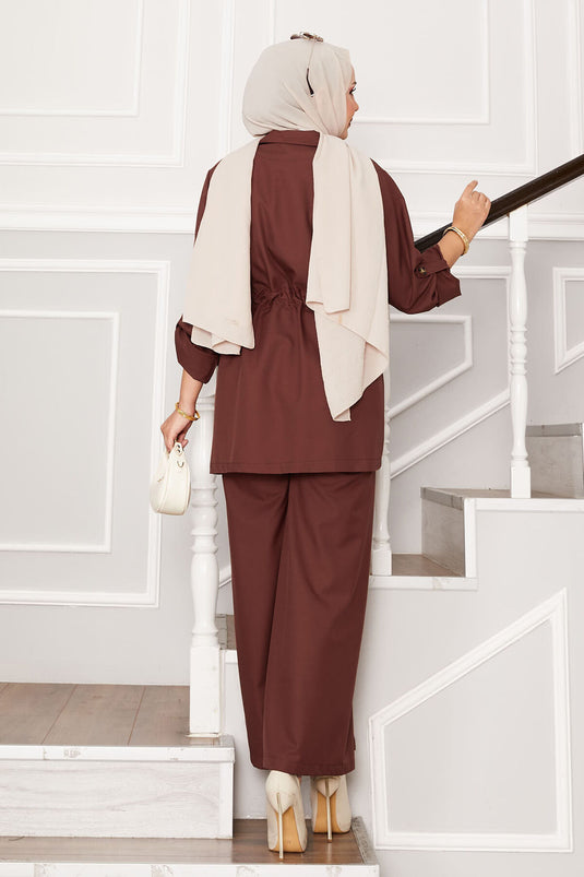 Ensemble veste à manches pliables et taille tunnel marron