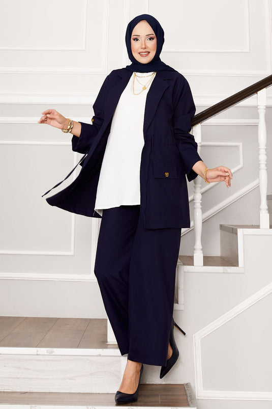 Ensemble veste à manches pliables et taille tunnel bleu marine