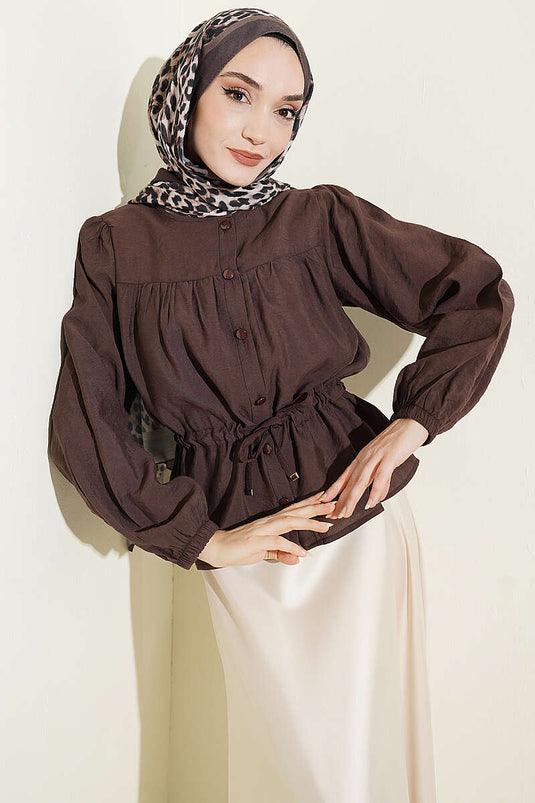 Camicia corta ampia con collo a tunnel marrone