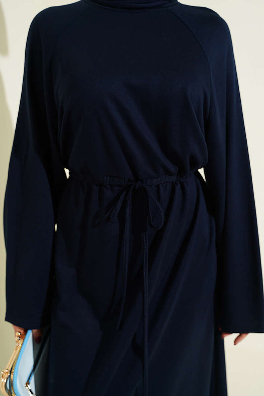 Acheter robe ample à manches longues en tissu tissé bleu marine