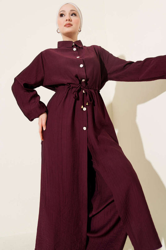 طقم ثنائي بورجوندي بتونيك طويل وياقة مدورة