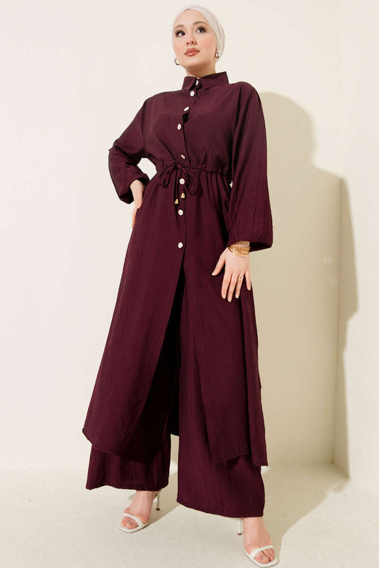 طقم ثنائي بورجوندي بتونيك طويل وياقة مدورة