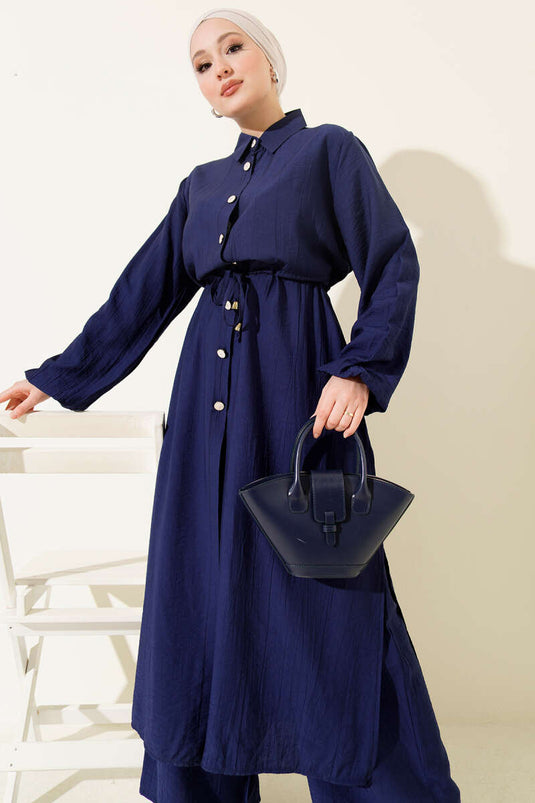 Conjunto doble con túnica larga de punto azul marino