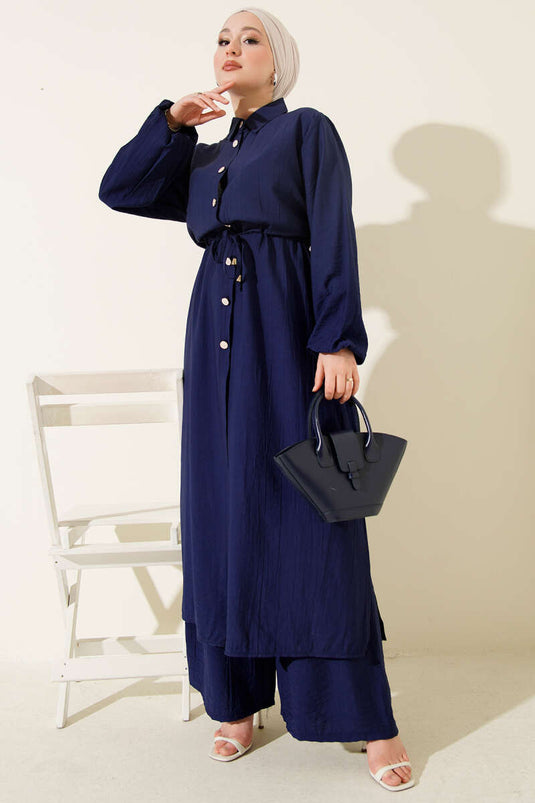 Conjunto doble con túnica larga de punto azul marino