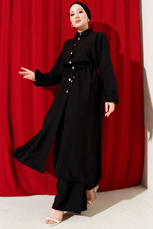 طقم ثنائي بتونيك طويل بأكمام ضيقة باللون الأسود