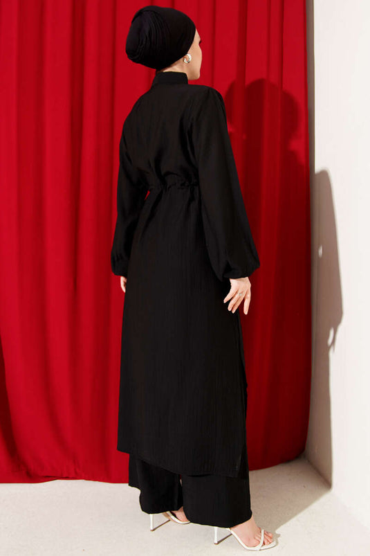 طقم ثنائي بتونيك طويل بأكمام ضيقة باللون الأسود