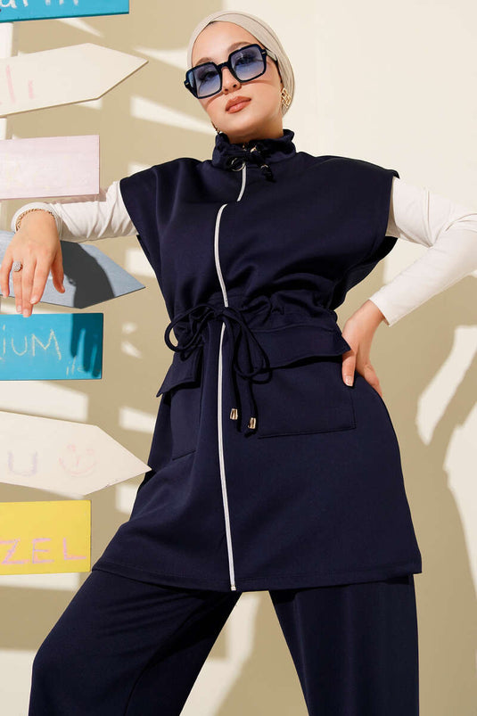 Taille Tunnel Vested Scuba Tweedelig Pak Marineblauw