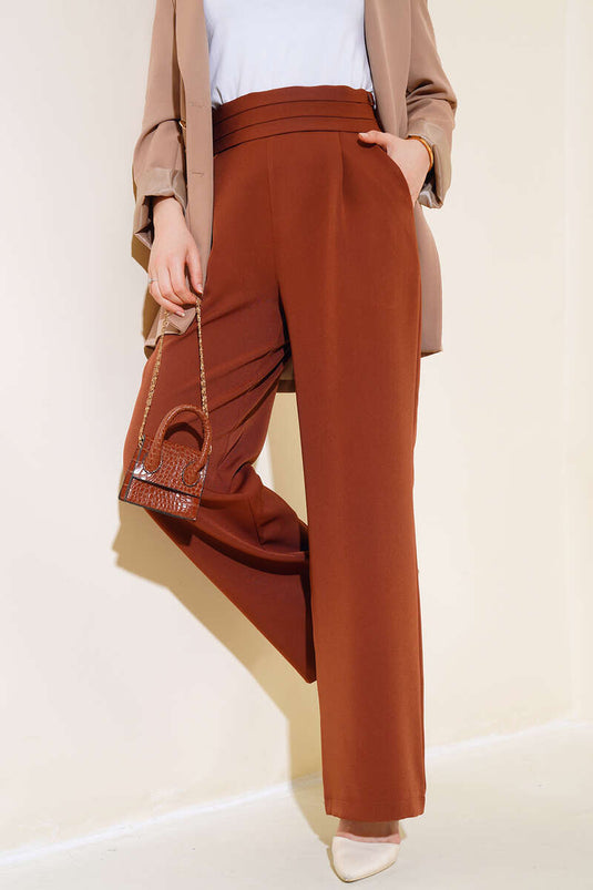 Dreilagige Hose mit weitem Bein in der Taille, Braun