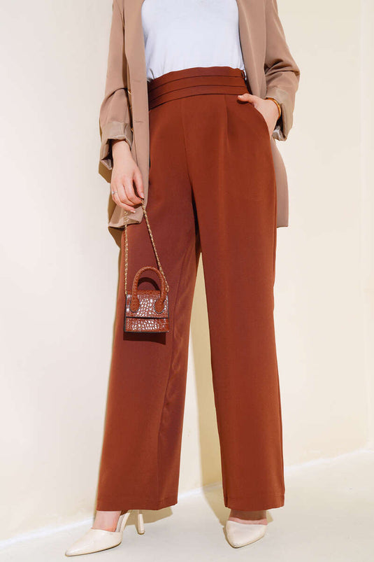 Dreilagige Hose mit weitem Bein in der Taille, Braun