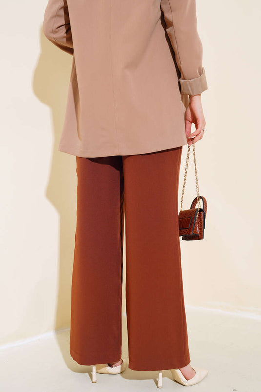 Dreilagige Hose mit weitem Bein in der Taille, Braun