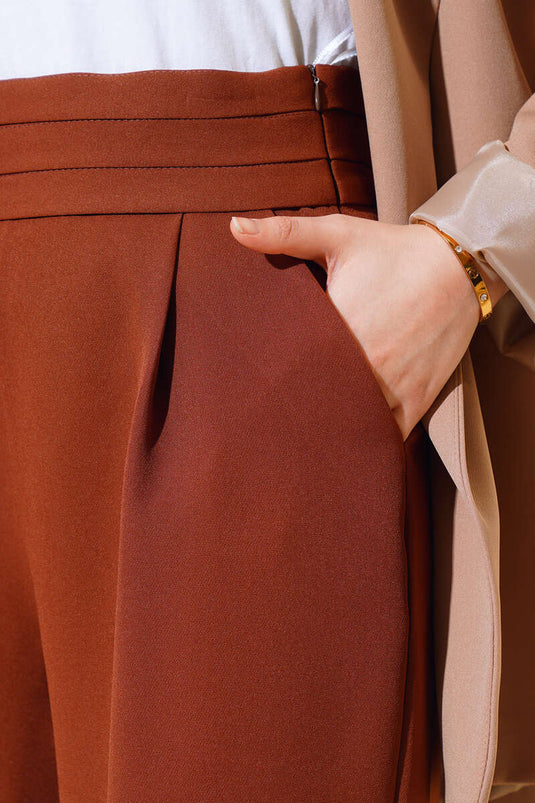 Dreilagige Hose mit weitem Bein in der Taille, Braun