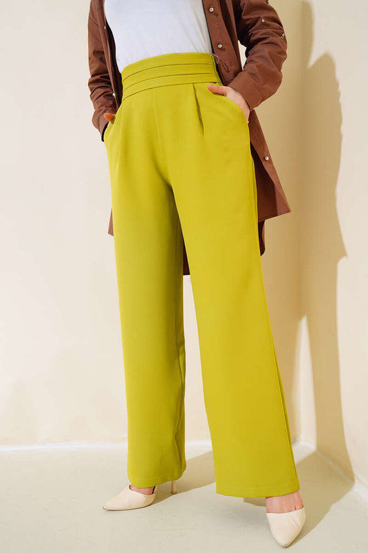 Dreilagige Hose mit weitem Bein und Taille in Ölgrün