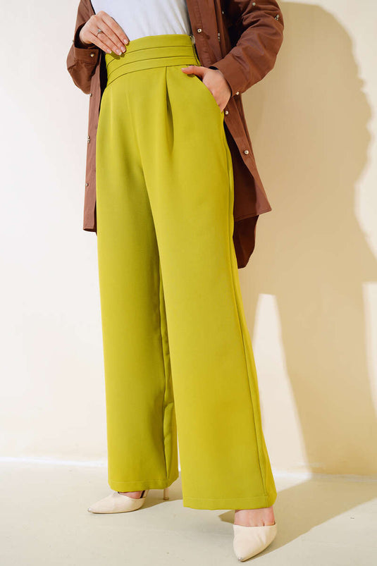 Dreilagige Hose mit weitem Bein und Taille in Ölgrün