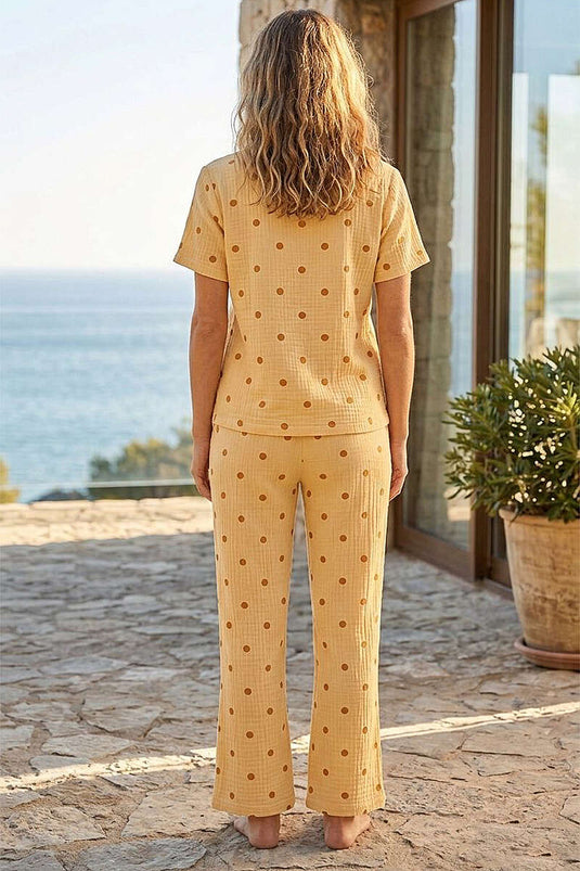 Benekli Gömlek Yaka Müslin Kısa Kollu Pijama Takımı Oranj