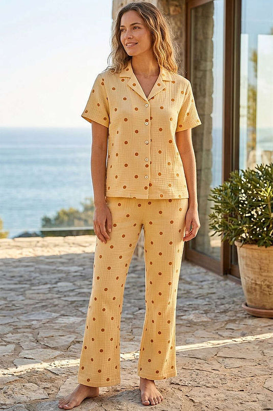 Benekli Gömlek Yaka Müslin Kısa Kollu Pijama Takımı Oranj