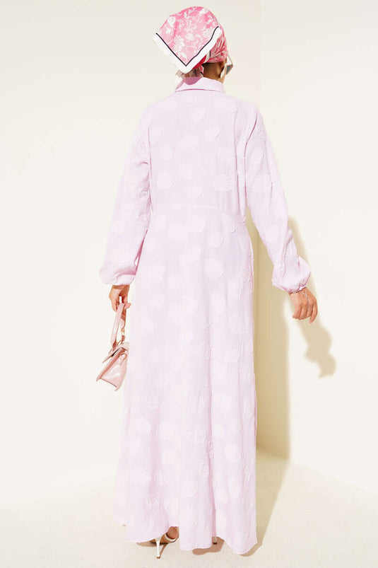 Benekli Yarım Düğmeli Elbise Pembe