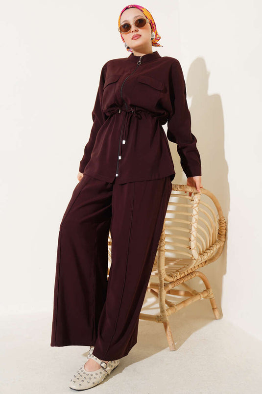 طقم من قطعتين بسحاب على الخصر، بني مر