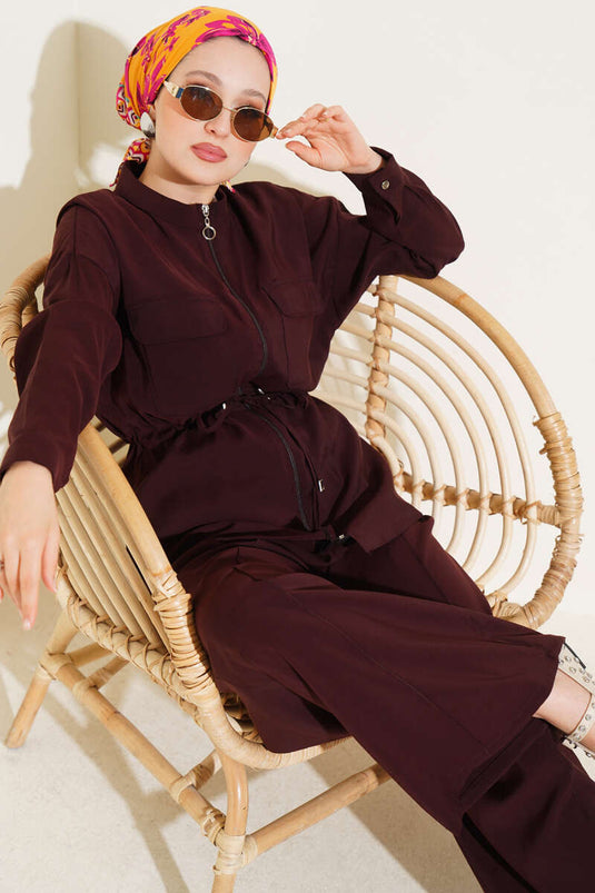 طقم من قطعتين بسحاب على الخصر، بني مر