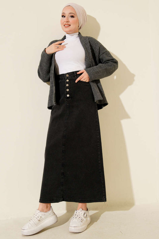 تنورة جينز بخمسة أزرار باللون الدخاني