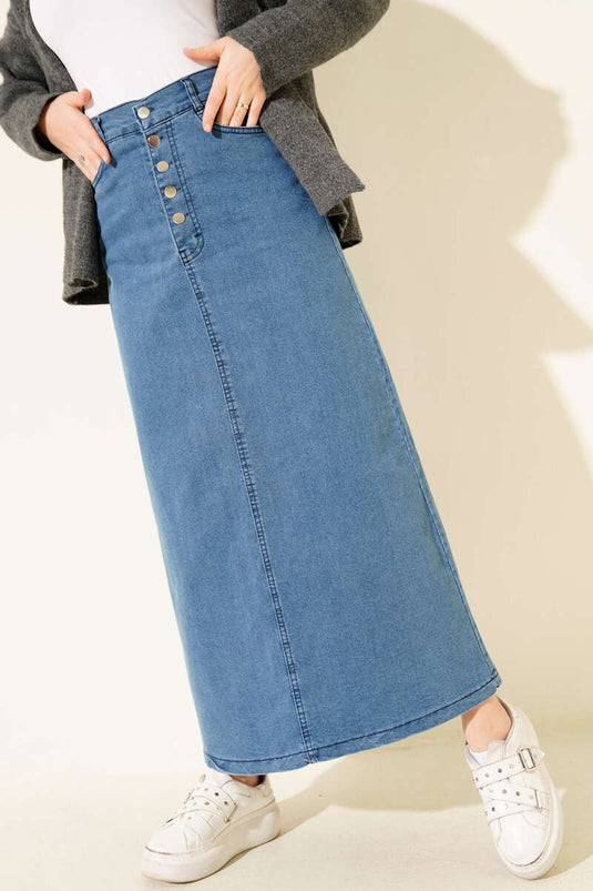 Beş Düğmeli Kot Etek Mavi