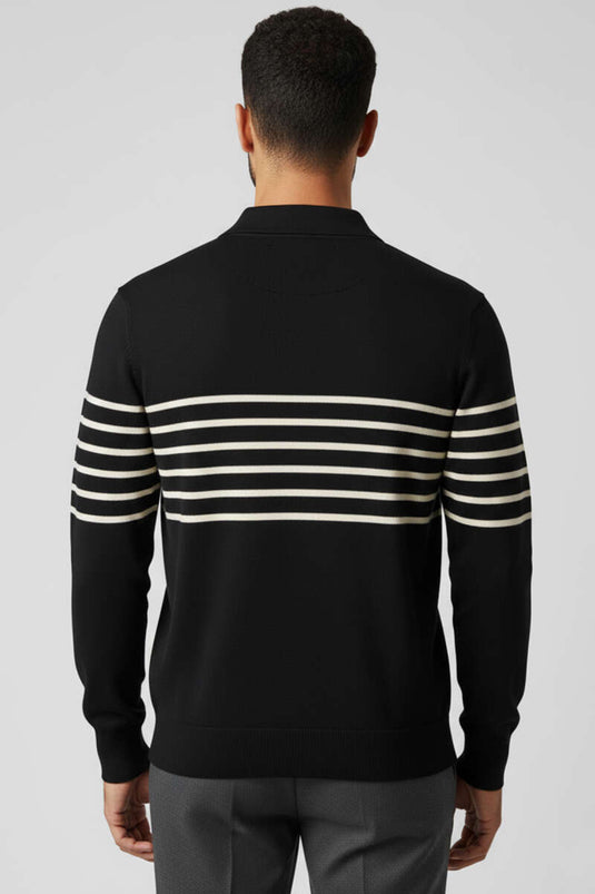 Pull polo rayé blanc pour homme, col polo, noir