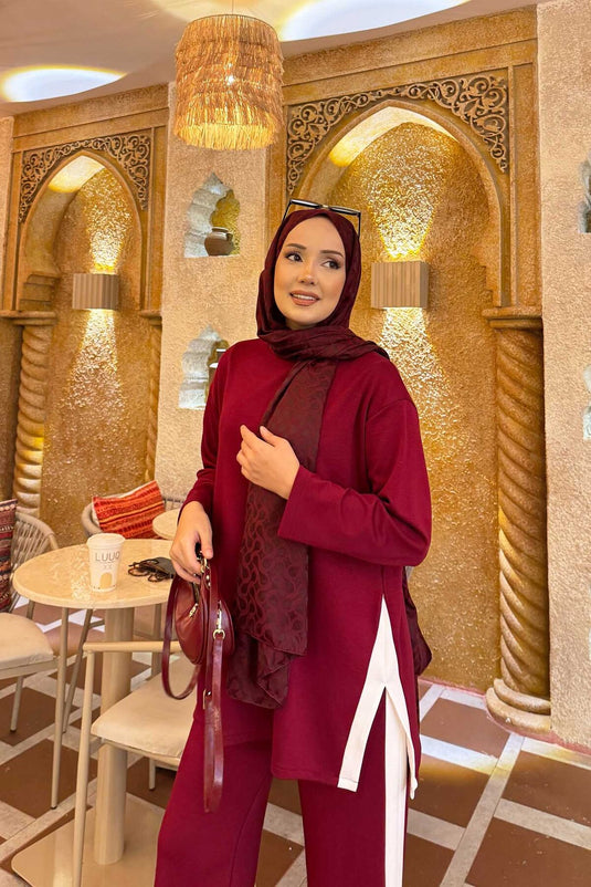 White Striped Slit Detailed Two Piece Suit Burgundy