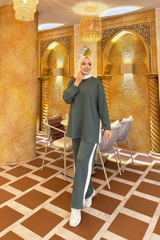 White Striped Slit Detail Two-Piece Set Olive Green